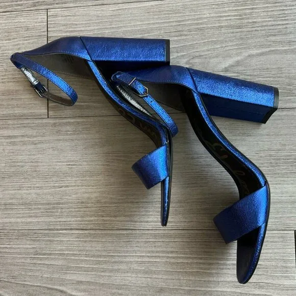 Sam Edelman Yaro Block Heel Sandal Shiny Electric Blue Leather Size W10 - Picture 3 of 7